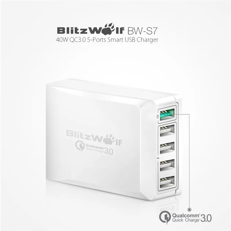 Мобильное зарядное устройство-адаптер BlitzWolf BW-S7 с технологиям бстрой зарядки3.0 на 5 портов USB зарядное устройство мобильника для путешествия