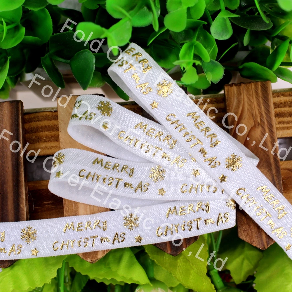 

New foe 5/8" gold foil merry christmas printed fold over elastic 029 white foe elastic 50yards/lot wholesale