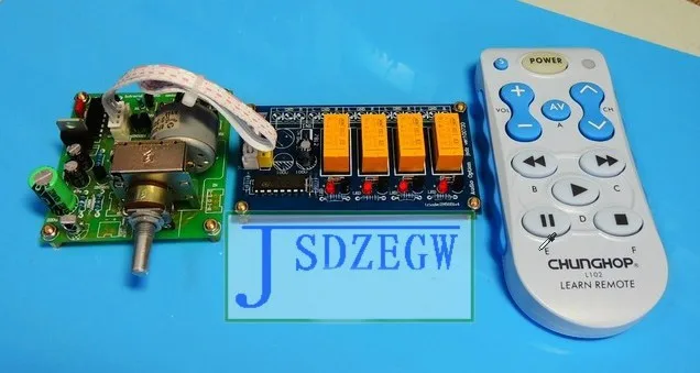 IR remote volume control potentiometer switch audio input select motor remote control preamp Finished board