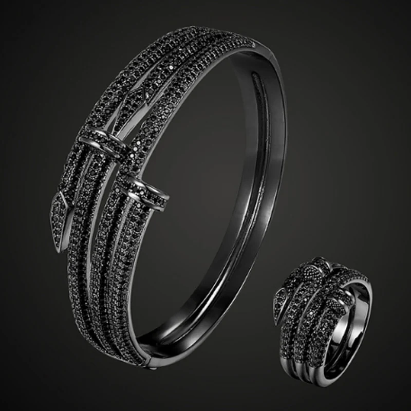 

Zlxgirl jet cubic zircon double nail bangle with ring jewelry sets material Gold color mill finish bracelet unisex free bags