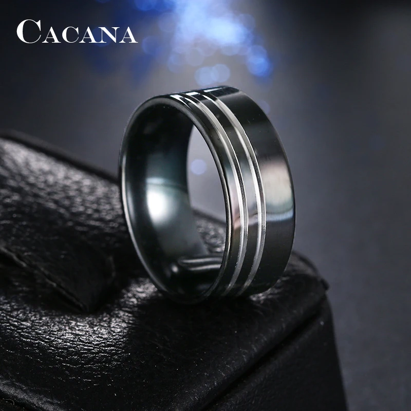 Женские кольца из нержавеющей стали CACANA черные с 2 серебряными линиями модные