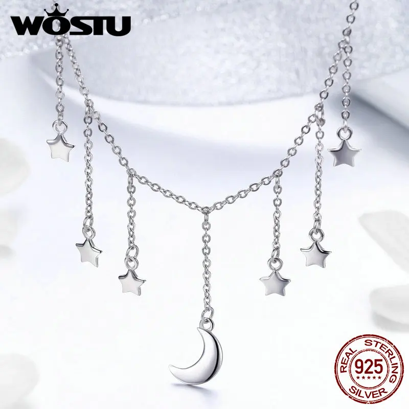 

WOSTU High Quality 925 Sterling Silver Stars & Moon Chains Necklace For Women S925 Original Brand Jewelry New Year Gift FIN301