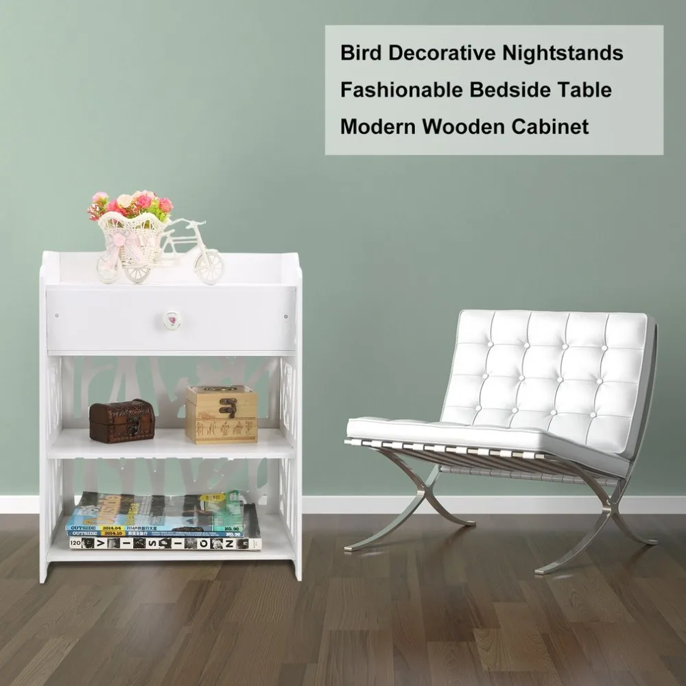 Bird Decor Coffee Table Nightstands Bedside Table Modern Wooden Cabinet Bedroom Storage Shelf Cupboard Living Room Furniture