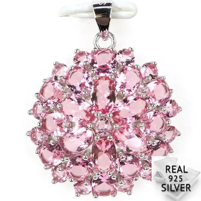 

30x24mm Real 925 Solid Sterling Silver 4.2g Created Pink Morganites Smokey Topaz Gift For Ladies Flower Shape Pendant