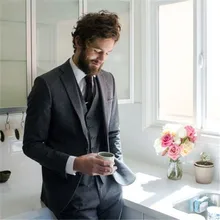 Новое поступление серый твидовый итальянский смокинг Occation 3 предмета(куртка+ брюки+ жилет+ галстук) Terno Masculino Trajes De Hombre Блейзер 103