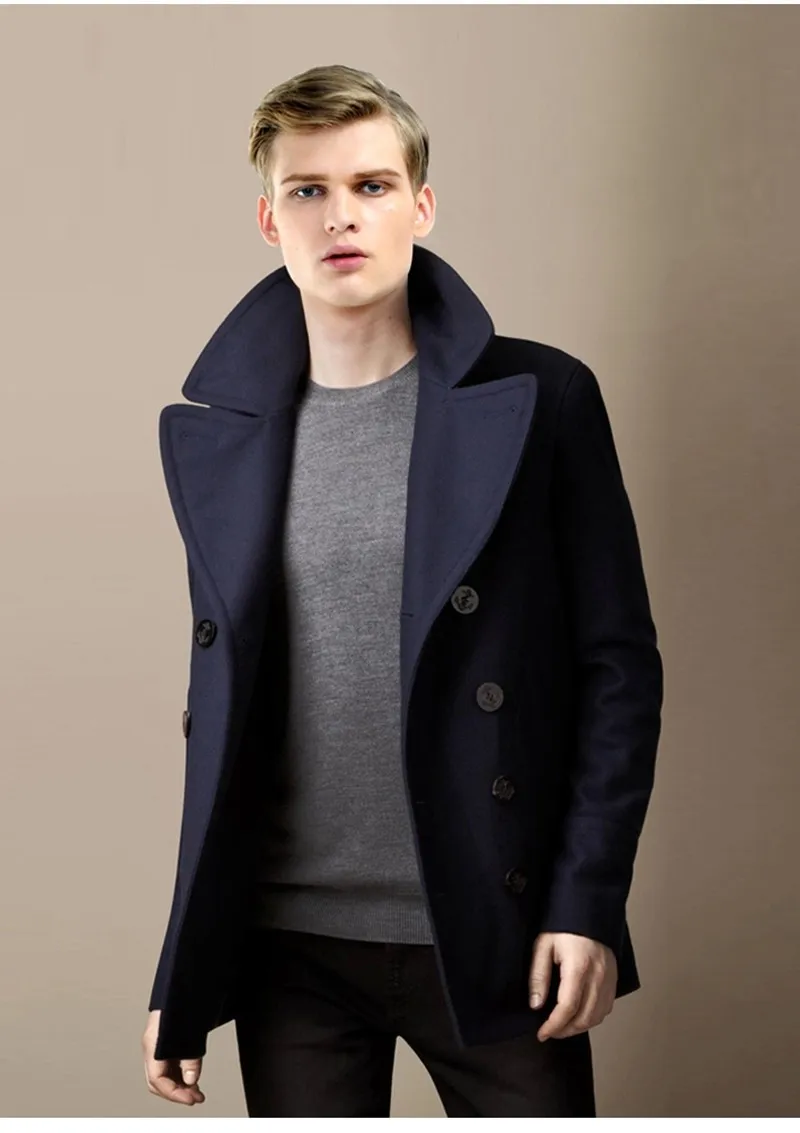 Морской стиль, мужское короткое пальто, длинный рукав, сплошной цвет, большой отворот, двубортное пальто, мужское повседневное пальто, шерсть, верхняя одежда MSTS2