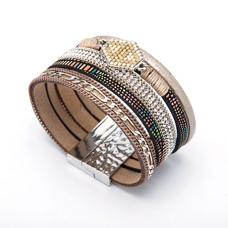 LAN CUI Fashion Alloy Crystal Beads Wide Magnetic Leather bracelets &amp bangles Multilayer Bracelets Ethnic Jewelry for Women Gift |