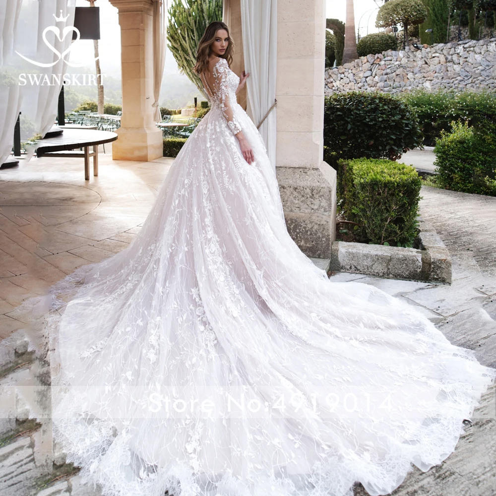 Бальное платье с длинными рукавами, свадебное платье, Swanskirt K185, лиф сердечком, Кружевная аппликация, часовня, поезд, платье для невесты принцессы, Vestido de Noiva