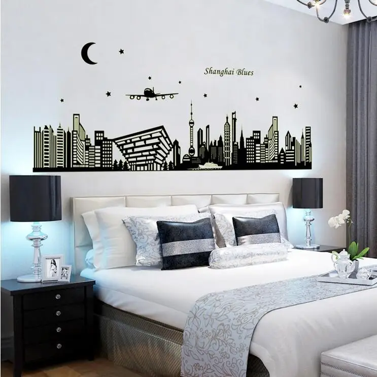 

ABQ9636 Shanghai Night Scene DIY Removable Wallpaper Fluorescent Luminous Oriental Pearl Wall Stickers Living Room Mural Decal