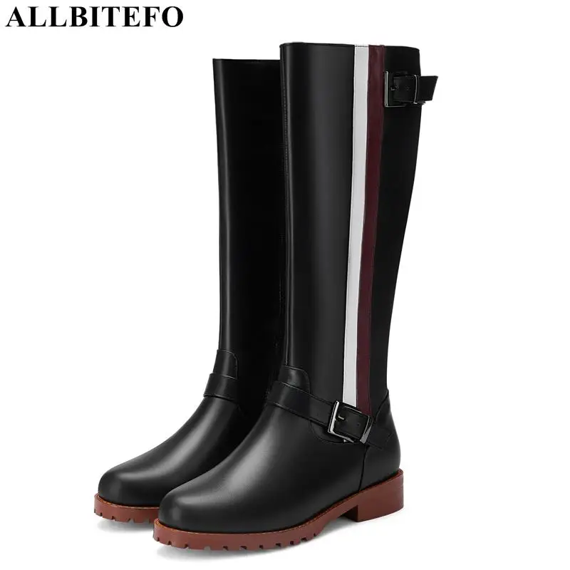 

ALLBITEFO high quality genuine leather thick heel long boots new winter women high heel shoes women knee high boots women heels