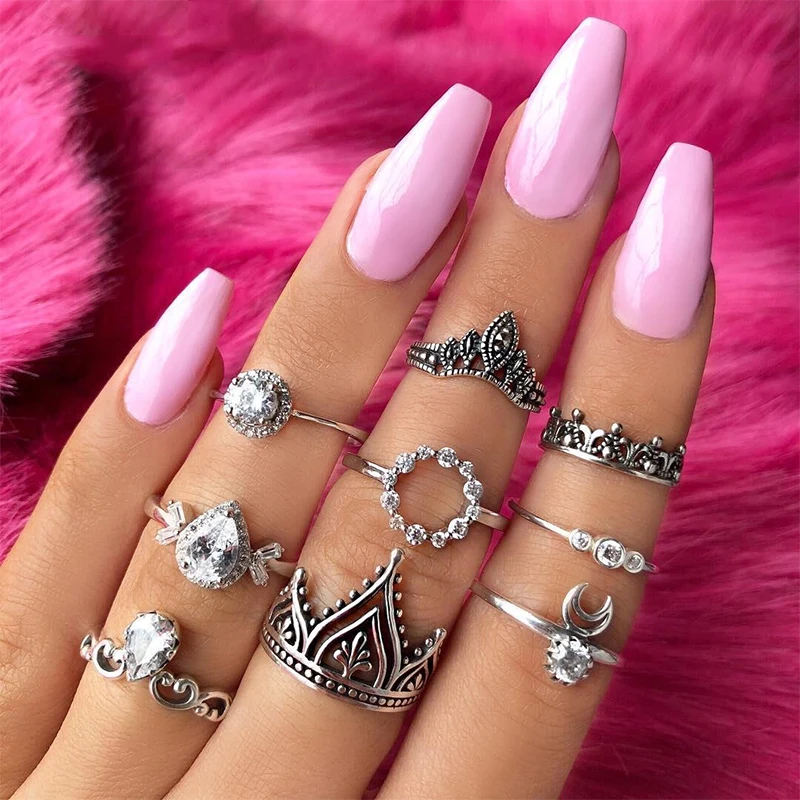 

9 Pcs/ Set Women Fashion Temperament Geometric Moon Crystal Hollow Personality Crown Silver Ring Set Ladies Party Gift Jewelry