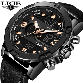 

LIGE New Luxury Brand Men Military Sports Watches Mens LED Analog Digital Watch Male Army Leather Quartz Clock Relogio Masculino