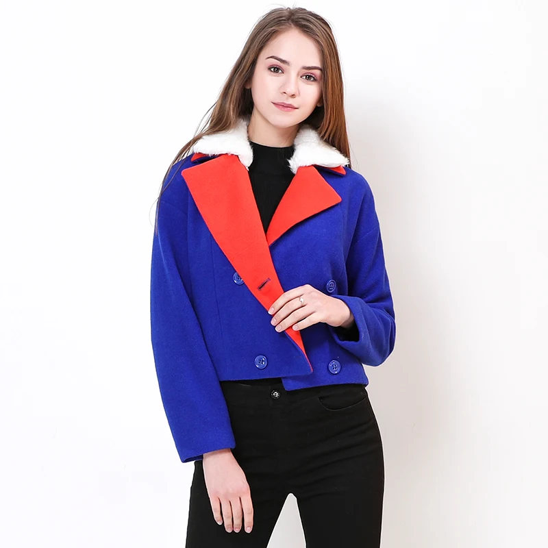 

Winter Women Turn Down Collar Short Woolen Coat High Quality Fur Collar Blue Wool Jacket Female Fashion Casual Loose Overcoat I9