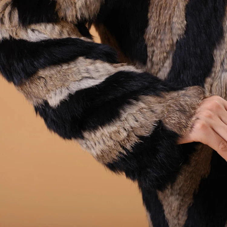 Натуральный кролик Мех животных вязаное пальто в полоску Мех животных пальто Мех животных, настоящее Кролик Меховая куртка быть-1406