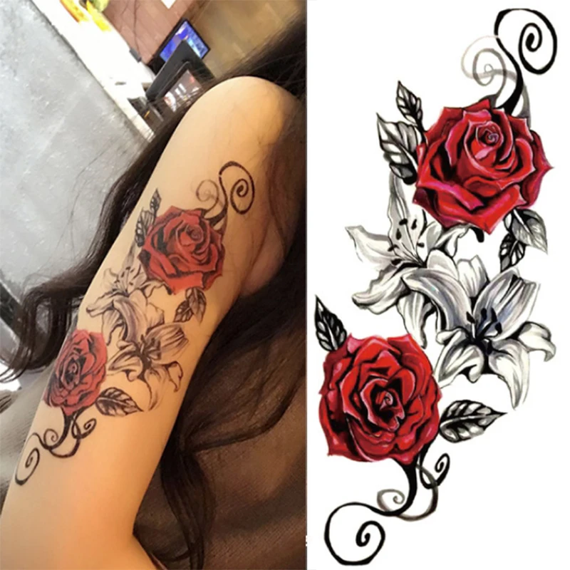 1 шт Акварельная классная хна роза цветы временная татуировка красивое плечо Бедро назад украшение тела кружево Сова Женская краска для