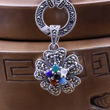 

S925 Sterling Silver Pendant Silver Inlaid Natural Stone Original Vintage Silver Pendant lady wrapping factory wholesale