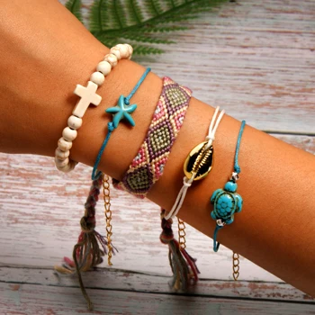 MOON GIRL 5 Pieces Puka Shell Bracelet Set Turtle Starfish Cross Beads Boho Weave Bracelet for Women Friendship Jewelry Dropship - Metal Color: 18