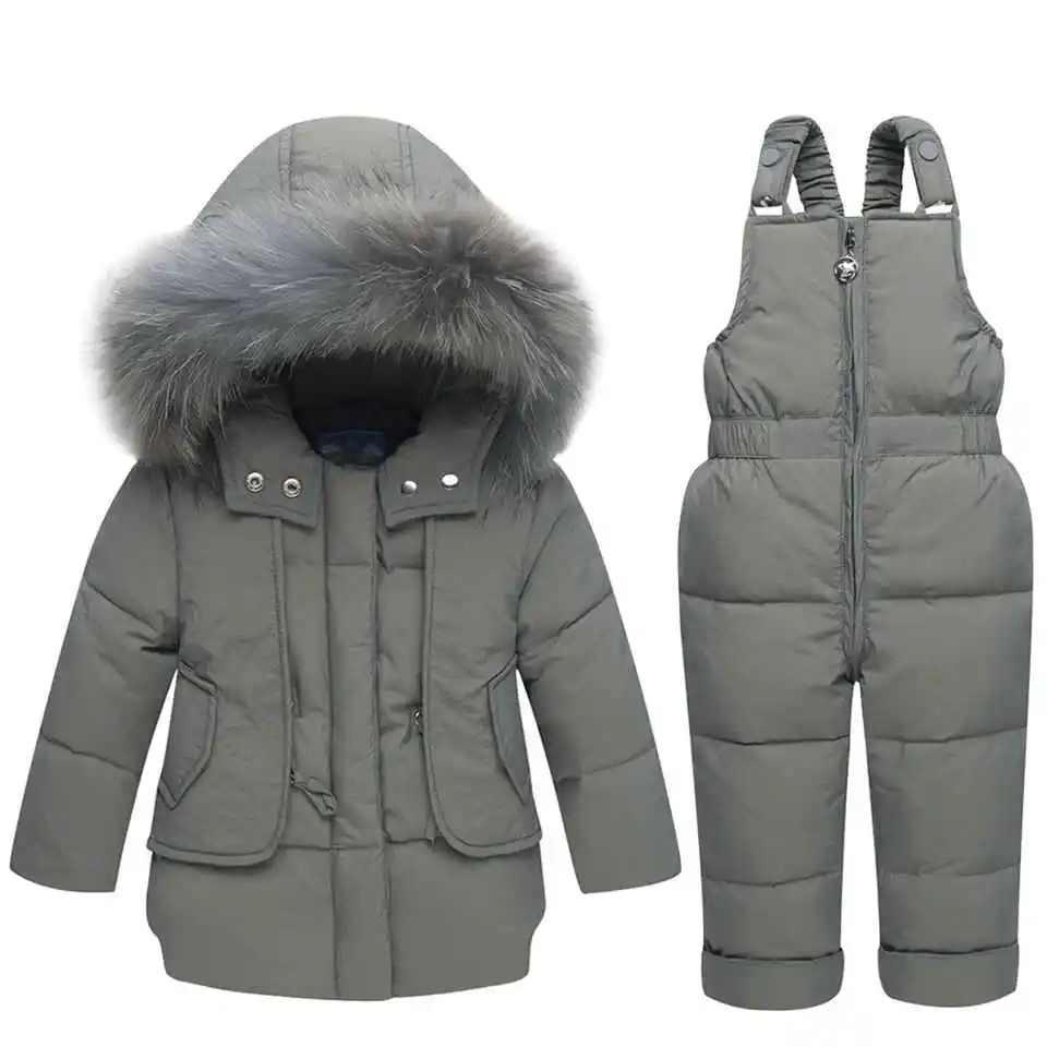 Комплекты зимней одежды для детей зимний костюм, куртка+ комбинезон, комплект из 2 предметов, пуховое пальто для маленьких мальчиков и девочек зимняя одежда для маленьких девочек - Цвет: Серый