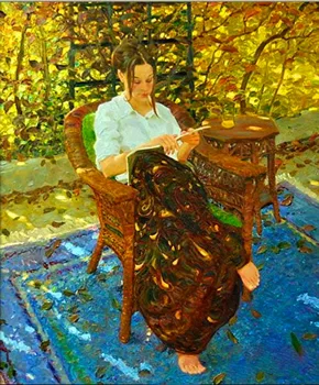 

Modern handmade painting girl reading in garden on the chair on oil canvas for living room decor and wallpaper