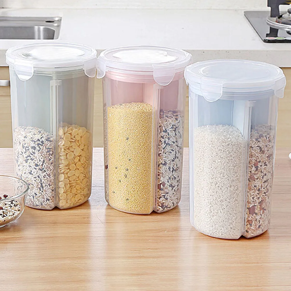 

Plastic Transparent Kitchen Grain Storage Tank 4-grid Cereal Crisper Sealed Can with Lid for Rice Oatmeal Dry Food
