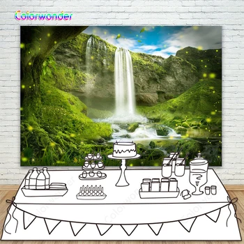 

Fairy Tale World Photography Background Green Mountains with Green Trees and Waterfall 7x5ft Natural Scenery Custom Backdrops