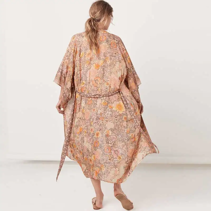 

BOHO INSPIRED beach robe blush floral print long kimono tie belt cardigan kimono sleeve chic casual women tops 2019 blouse shirt