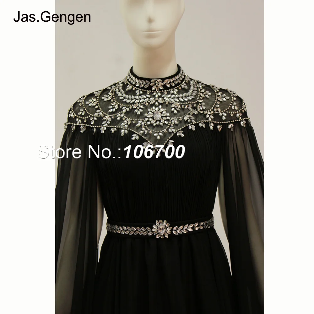 Arabian Style Crystal Beading Evening Dresses Full Length Sleeve Black Illusion High Neck Chiffon Prom Gown 1122