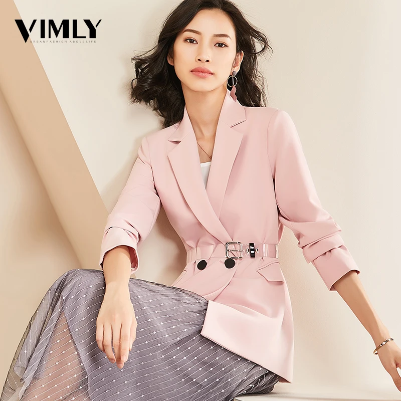 Женский блейзер Vimly офисный однотонный двубортный с карманами и длинным рукавом