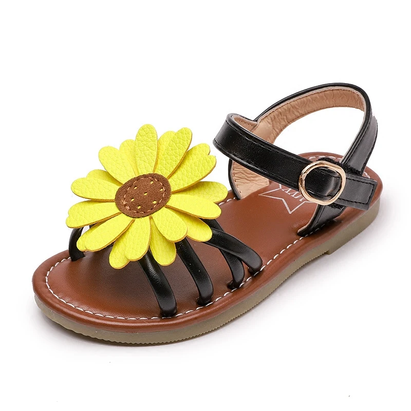 

ULKNN Sun flower girl sandals 2019 summer new fashion slip children's beach shoes sweet flat Princess shoes tide size 26-36