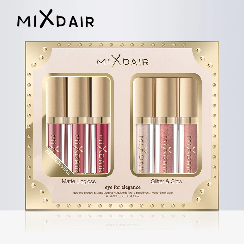 

MIXDAIR 6pcs Lip Gloss Box Set Matte Liquid Lipstick Kit Long Lasting Waterproof With Glitter Lipgloss As Eyeshadow Highlighter