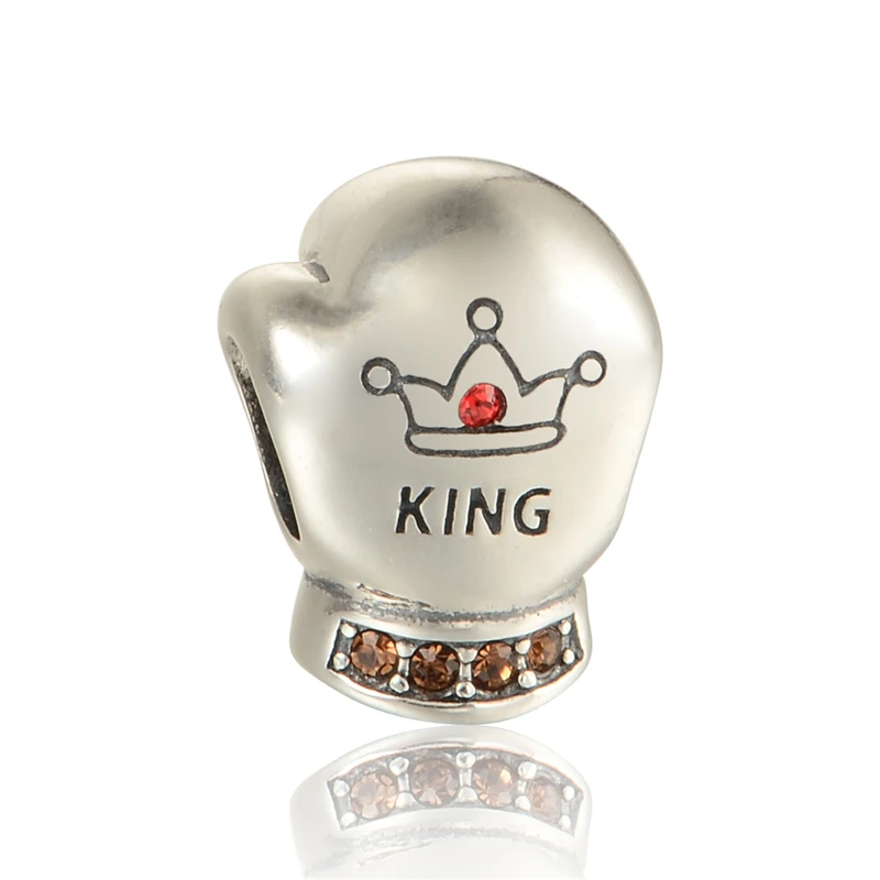 Pandulaso King Crown Boxing Glove Red Stone Beads Fit Charms Silver 925