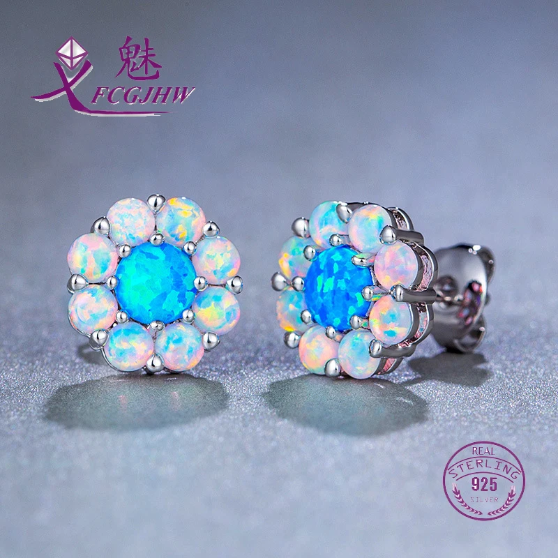 

Stud Earrings for Women Sterling Silver 925 Fine jewelry 2017 Opal Blue Zircon Flower Shape Fashion For Girls Ladies Gifts