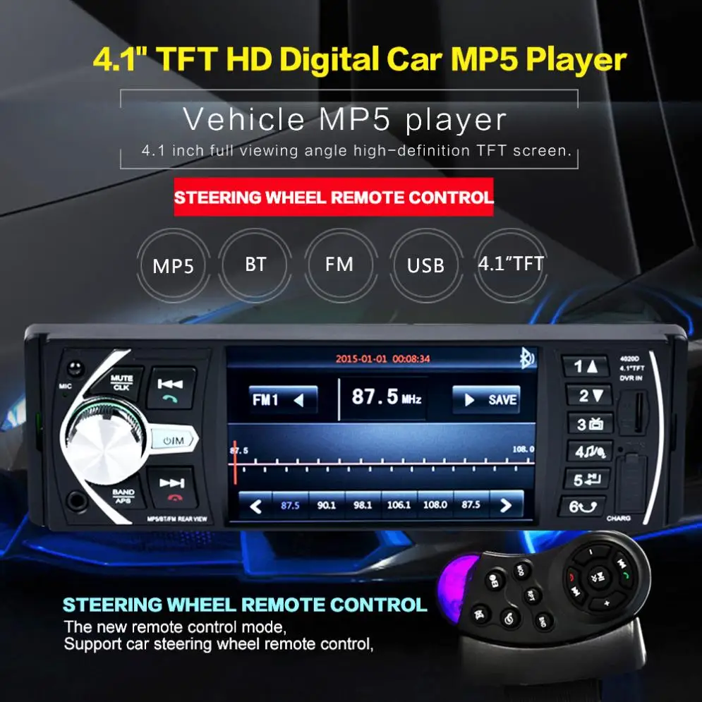 

4.1" 1 DIN TFT HD Digital Screen 50W x 4CH Bluetooth Car Radio Audio Stereo MP5 Radio Player with Remote Control Support USB