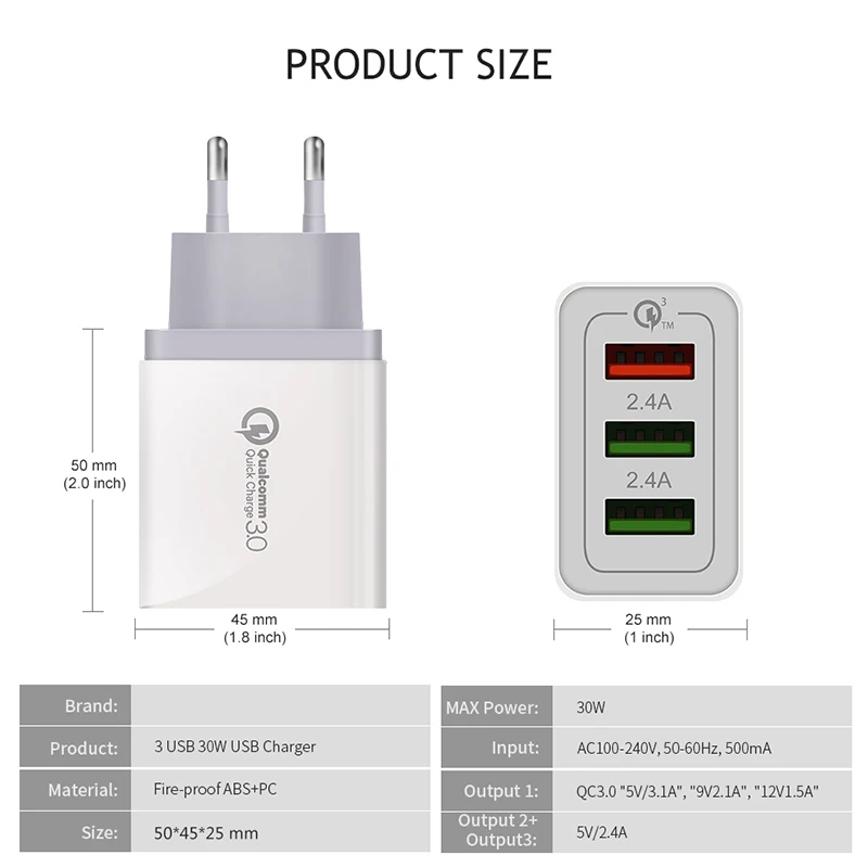 Универсальное зарядное устройство USB 30 Вт Быстрая зарядка 3,0 для iPhone X 7 8 Plus samsung S8 S9 huawei Xiaomi Mi 8 быстрое настенное зарядное устройство для мобильного телефона