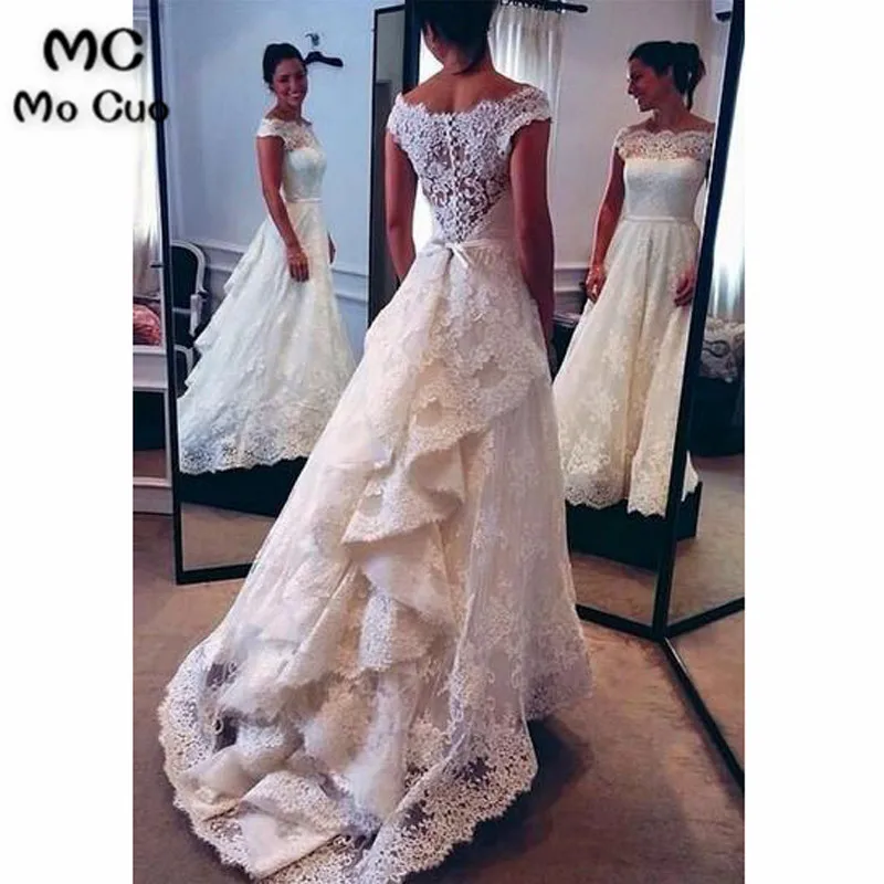 Vintage Lace Ivory Off the Shoulder Layers Skirt A-line Bridal Gowns Wedding Dresses
