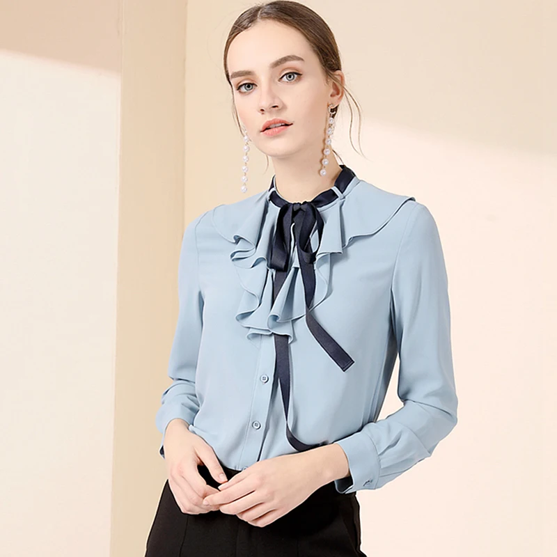 100% Silk Blouse Women Lightweight Fabric Solid Ruffles