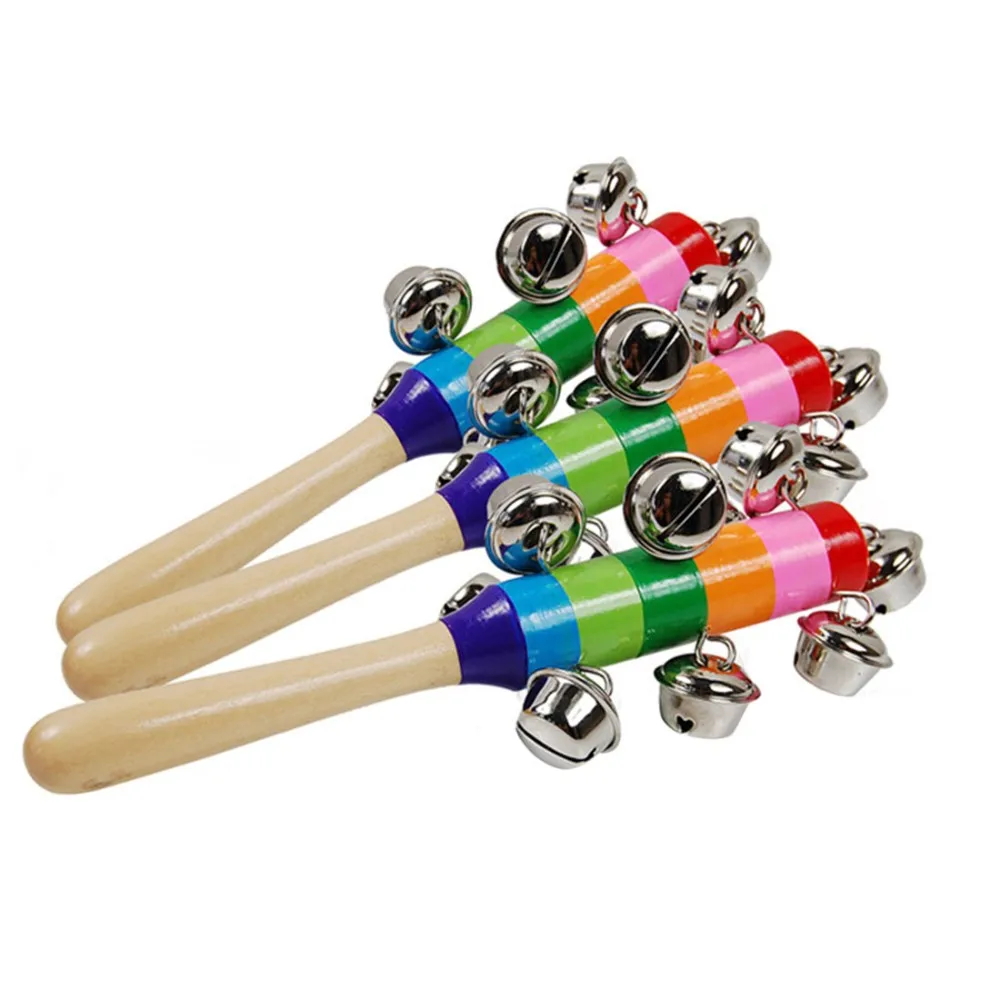 Hot sale 1pcs cute Wooden stick Rainbow Hand Shake bell Baby Rattles Jingle bells Infant Shaker Rattle ring educational toy DS29