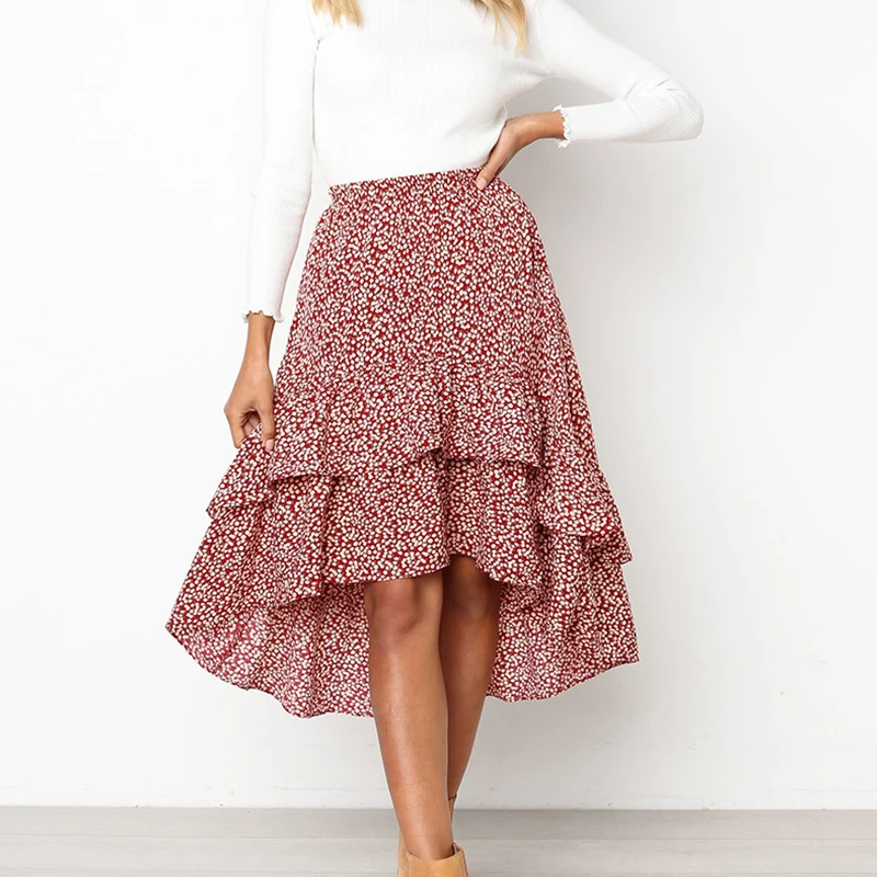 

Fanco High Waist Flounce Beach Women Skirts Polka Dot Feminino Summer Skirts Ruffles Asymmetrical Elegant Midi Skirt