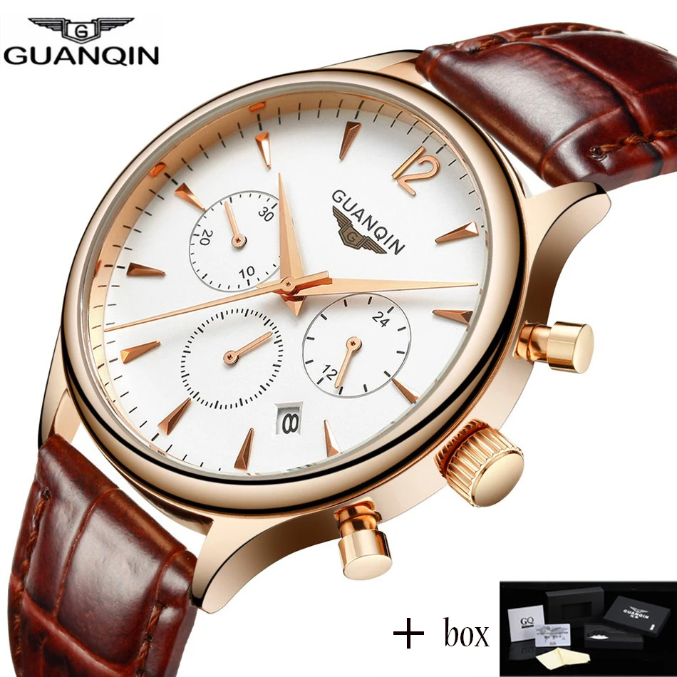 Guanqin Mens Watches Top Brand Luxury 2017 GUANQIN Men business Wrist watch Chronograph Leather Quartz watch