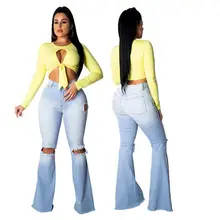 Womens Flare Jeans Stretch Women Ripped Denim Jeans Hole Elastic Sexy Jeans High Waisted Jeans Skinny Denim Flare Pants