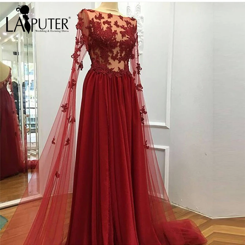 Vestido de festa цветы длинный рукав аппликация Тюль трапециевидной формы длиной в Пол