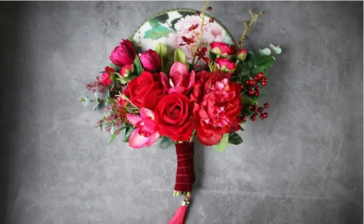 JaneVini китайский красный держатель для букетов веер искусственные розы винтажная кисточка Свадебный букет невесты Ручной Веер букет De Fleurs