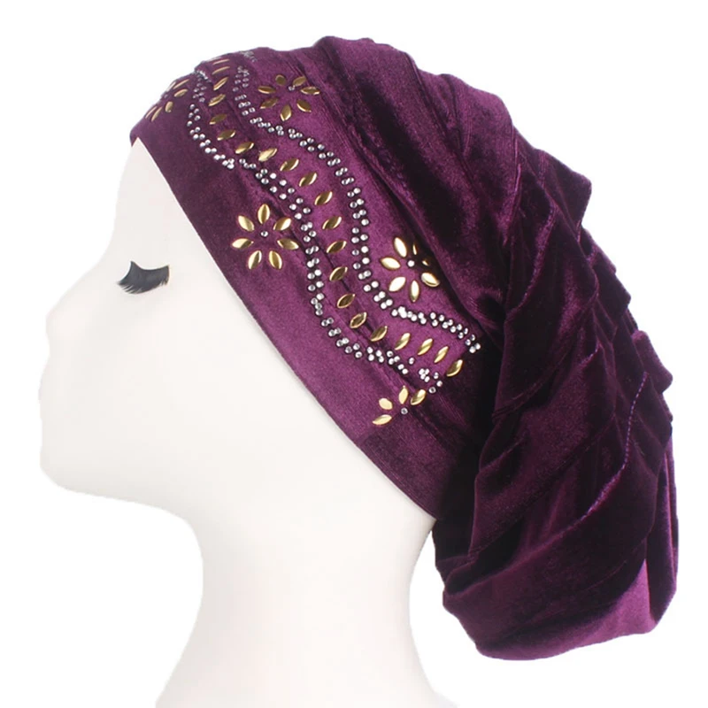 Velvet Big Rhinestone Woman Hijabs Turban Head Cap Hat Beanie Ladies Hair Accessories Muslim Scarf Cap Sleeping Hat