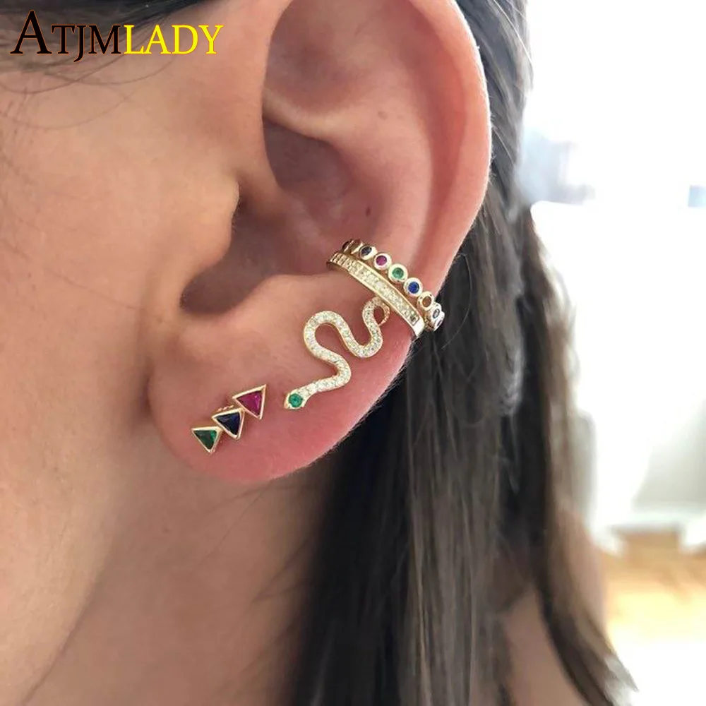 

vermeil 925 sterling silver green clear micro pave cubic zirconia snake stud climber earring for girl women gold color jewelry