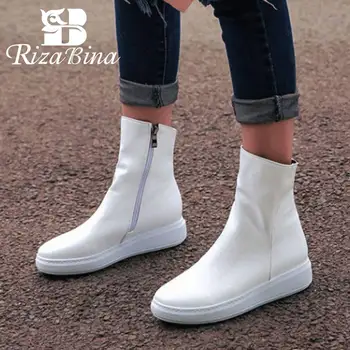 

RIZABINA Woman Pu Leather Boots Round Toe Zipper Flats Shoes Woman Ankle Boots Thick Bottom Footwear Botas Size 34-40