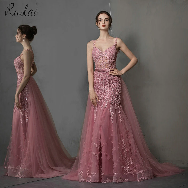 

2019 Newest Appliques Evening Dress Pink Spaghetti Strap Mermaid Dresses for Women Detachable Train Prom Gown for Party