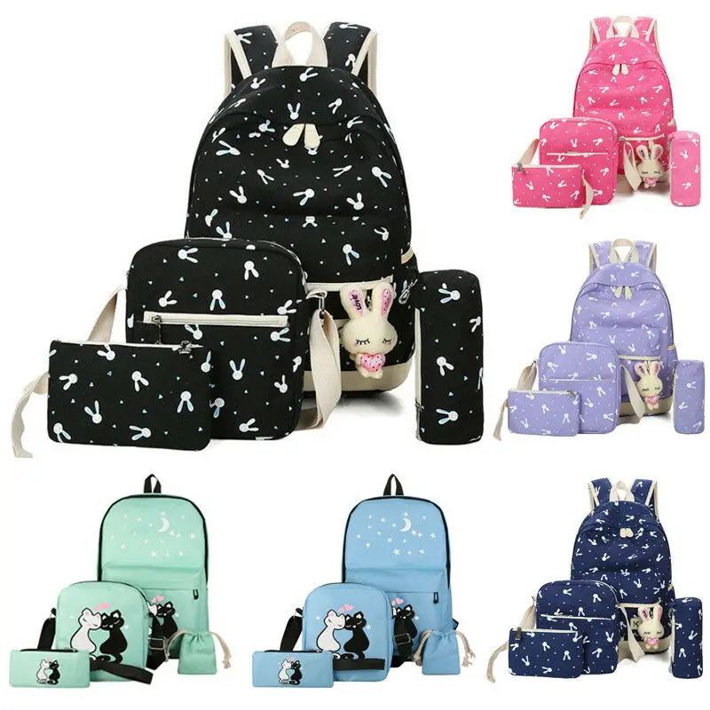 

4Pcs Set Women Backpack Girl School Pen Shoulder Cat Rucksack Canvas Travel Bags
