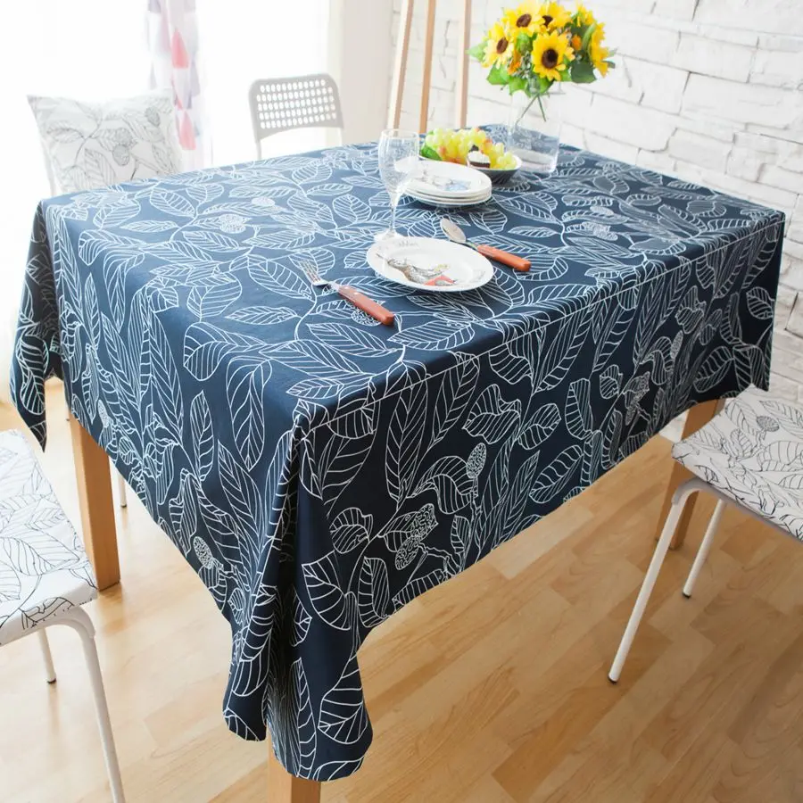 

Geometric Leaves Table Cloth Rectangular European Style Printed Blue White Tablecloth High Quality Cotton Polyester Table Cover
