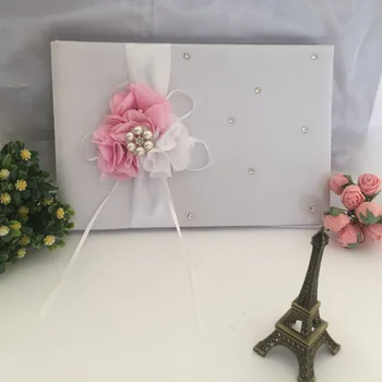 

White Satin Flower Wedding Guest Book Signing Pen Set with Sweet Ribbon Beads HFing