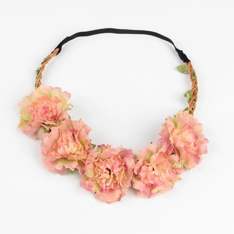 Silicone Anti-lost Chain Strap Adjustable  10pcs/lot Fashion Women Bohemia Beach Peony Flower Headband Scrunchy Hairband Wreath Flora Adjustable Headband Hair Accessories newborn socks for babies